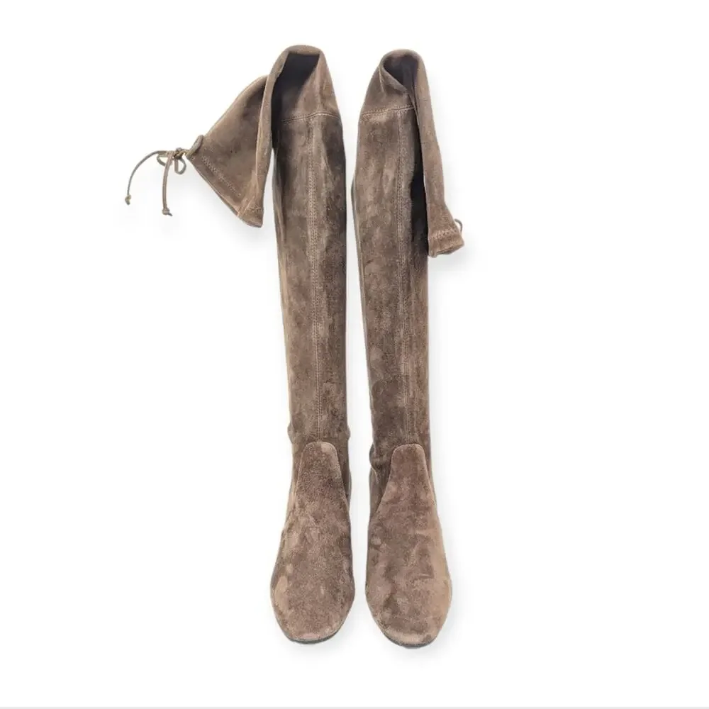 Stuart Weitzman Tieland Boots 4.5 Brown Suede Over Knee Block Heel Luxury